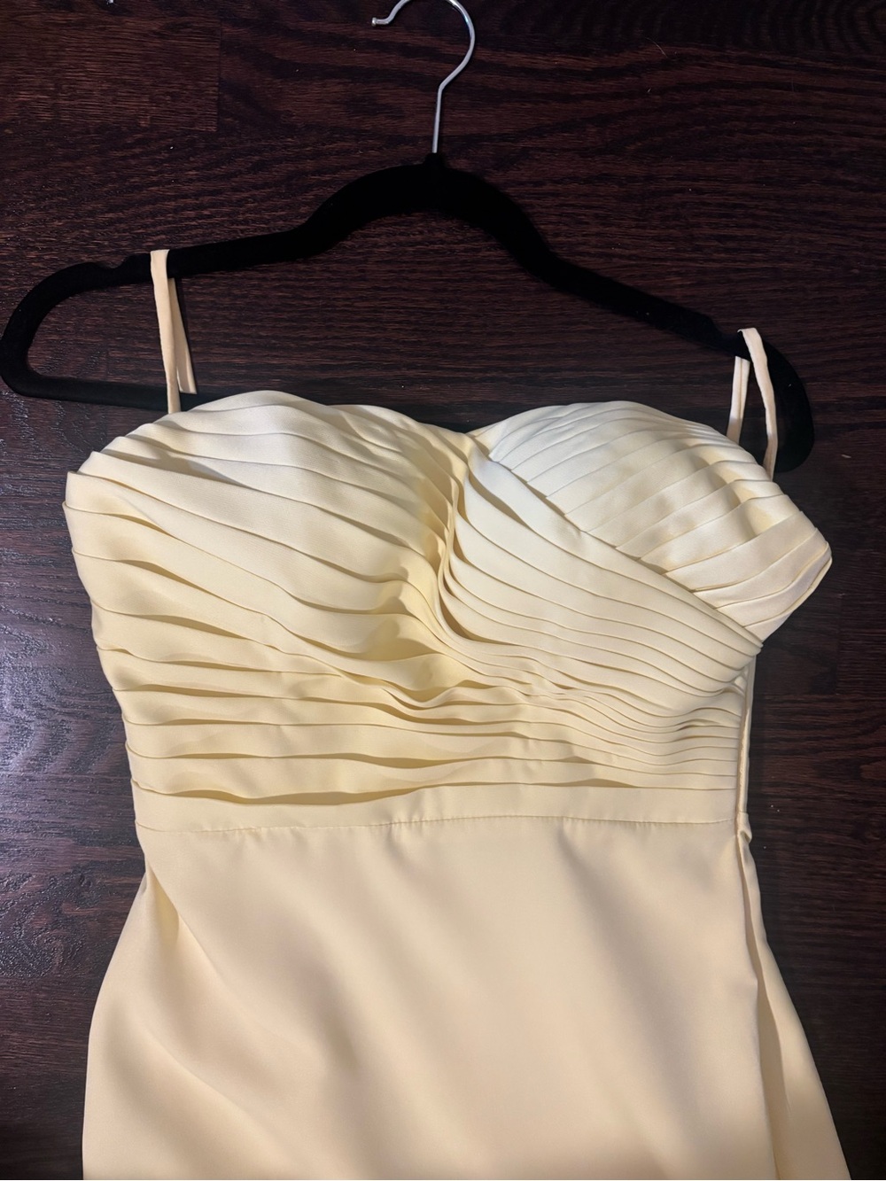 Elegant Strapless Pleated Pastel Yellow Evening Dress

With built in bra strap